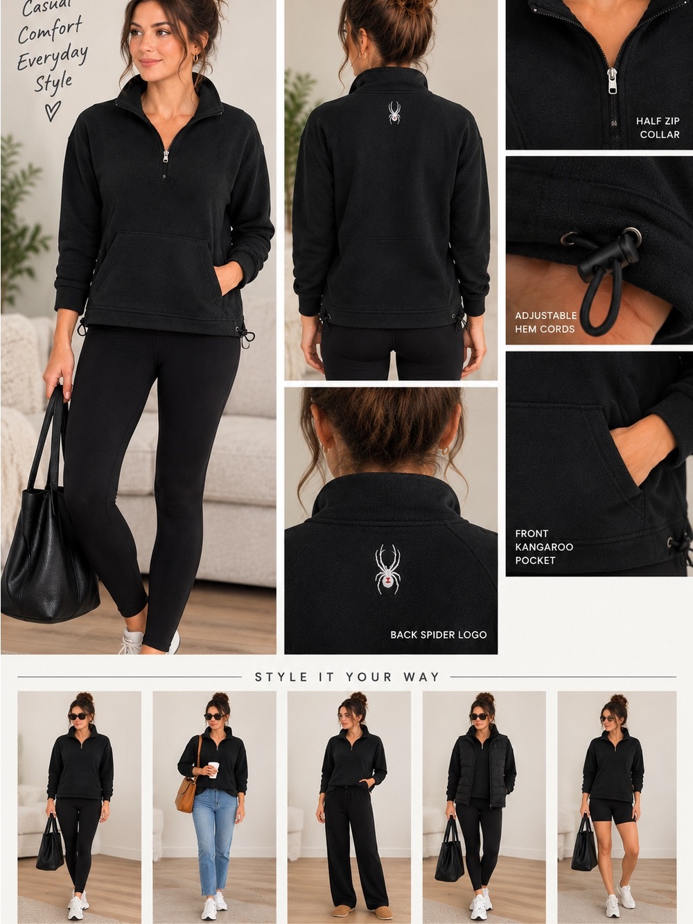 Spyder Black Half-Zip Pullover with Kangaroo Pocket